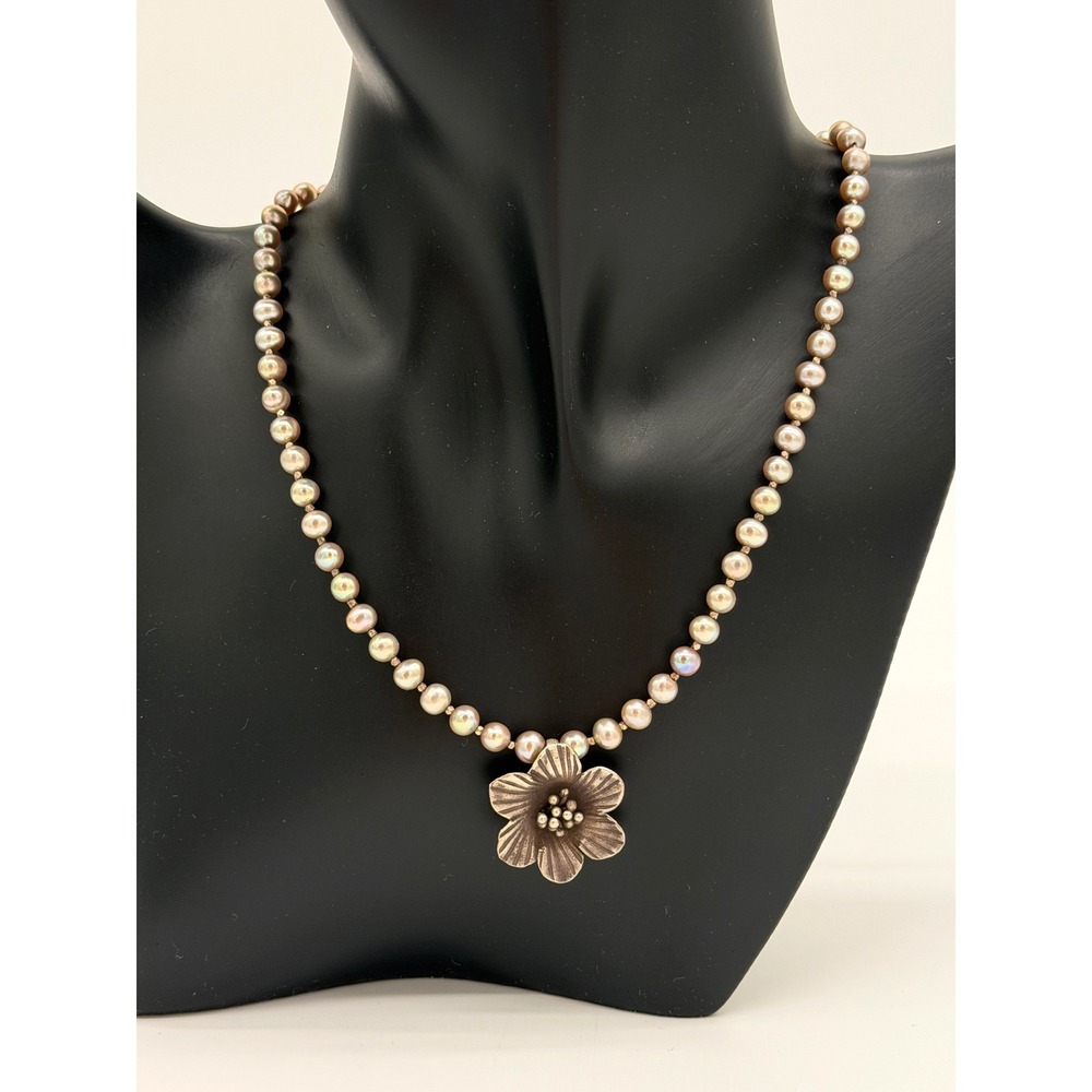 Sterling Silver 925 Pearl Necklace Floral Pendant Toggle‎ Clasp Vintage 18"